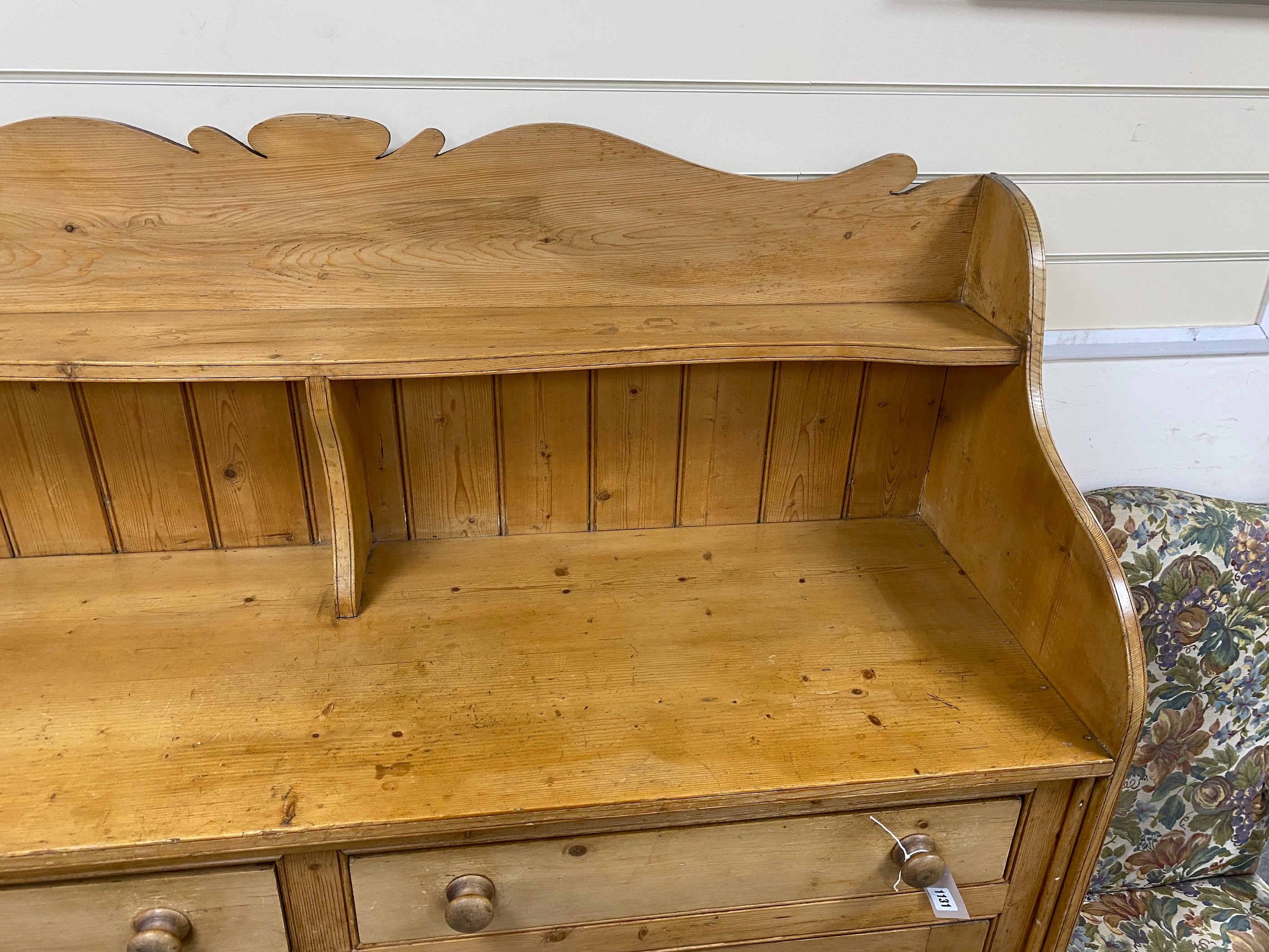 A Victorian pine two drawer buffet, width 152cm depth 48cm height 158cm